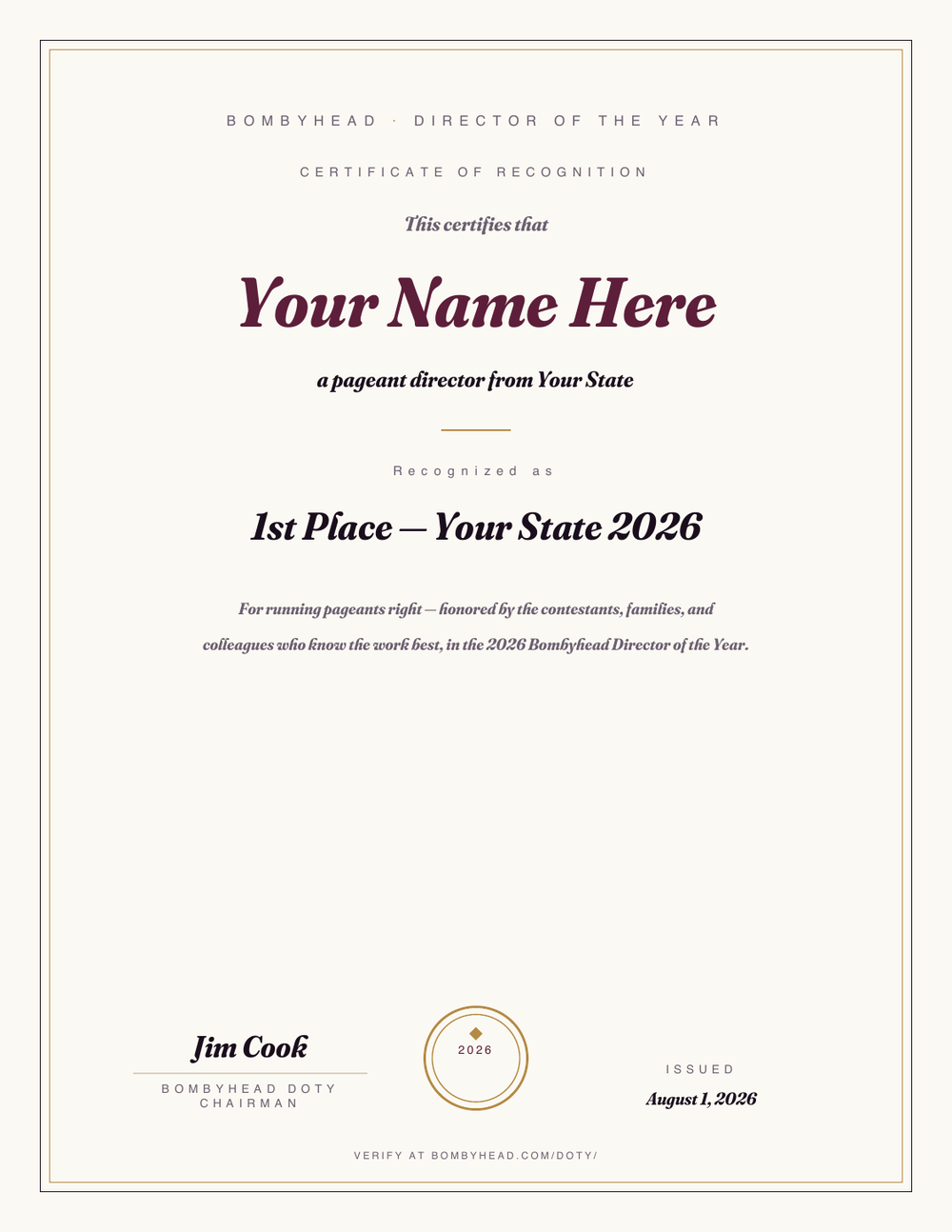 A Bombyhead Director of the Year recognition certificate